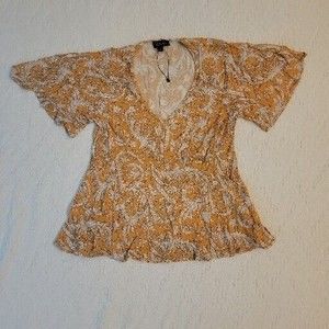Rachel Zoe Summery Dress Shirt S Mustard Floral Paisley Yellow Flowy Flare Top